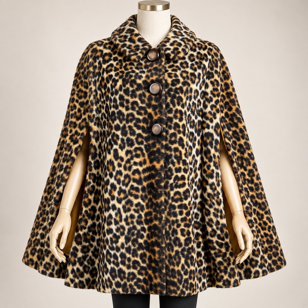 Vtg 60s 70s Leopard Faux Fur Cape Sz S/M Animal Print Swing Coat Mob Wife Glam